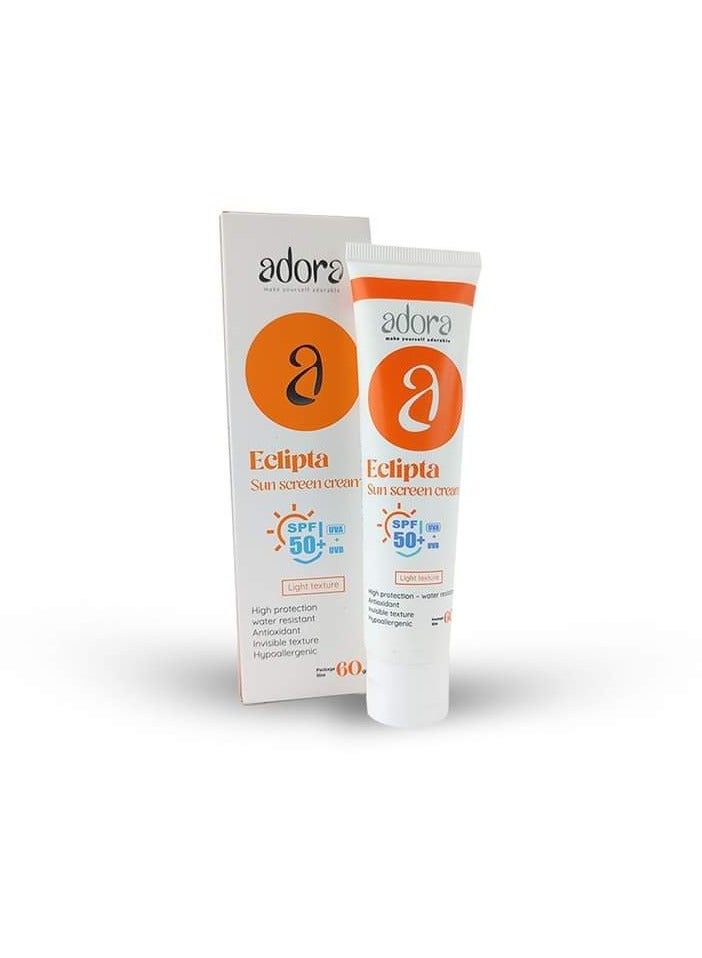 Sunscreen Adora sunscreen cream with SPF 50+ is suitable for all skin types, water-resistant, and works to protect against harmful sun rays, in addition to being loaded with antioxidants.