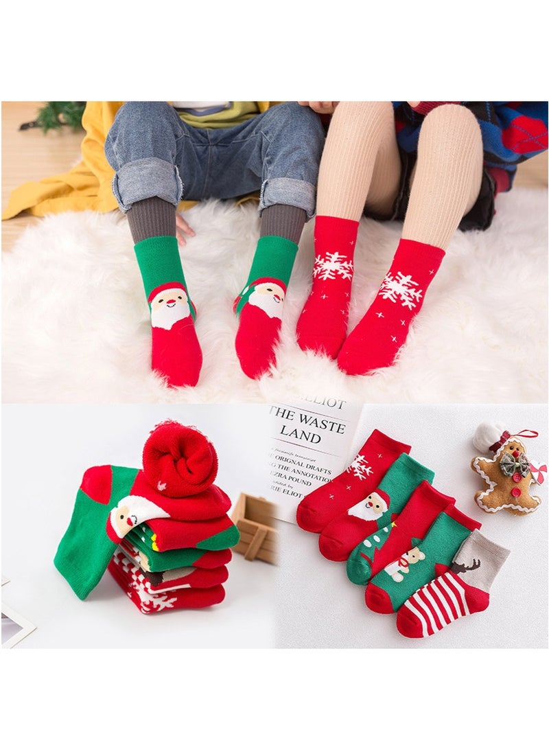 TAPIT 5 Pairs Kids Christmas Socks, Thick Terry Green Red Holiday Cartoon Warm Towel Socks, 3-12 Years Boys Girls Mid-calf Socks (L, 33-36 Shoe Size) - Image 1