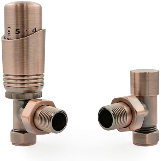 ANTIQUE COPPER CASCADE ANGLED MODERN TRV THERMOSTATIC RADIATOR VALVE (PAIR) INCLUDES ANGLED TRV BODY & ONE LOCK SHIELD FOR QUICK & EASY TEMPERATURE CONTROL. PERFECT FOR ENERGY SAVING. - Image 2