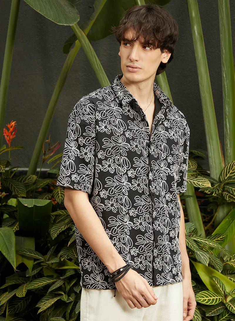 CAHOOT  Men's Midnight Black Floral-Lined Oversized Shirt for Men | Best Price UAE
