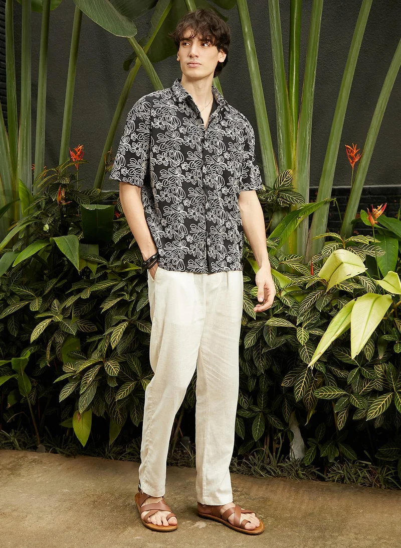 CAHOOT  Men's Midnight Black Floral-Lined Oversized Shirt for Men | Best Price UAE