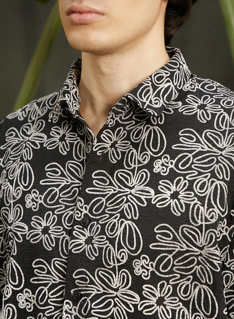 CAHOOT  Men's Midnight Black Floral-Lined Oversized Shirt for Men | Best Price UAE