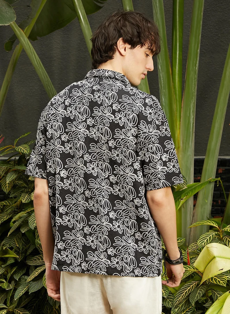 CAHOOT  Men's Midnight Black Floral-Lined Oversized Shirt for Men | Best Price UAE
