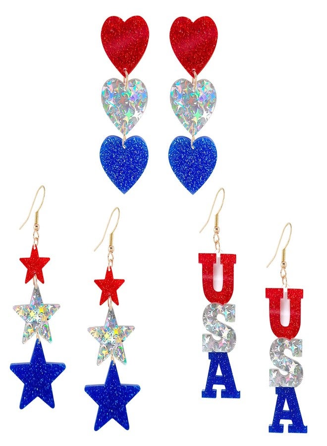 Mintolex American Flag Earrings for Women 4th of July Earring Patriotic Red Blue White Star USA Heart Drop Dangle Earrings for Womens Lady Independence Day Gift Pack of 3 Pairs - Image 1