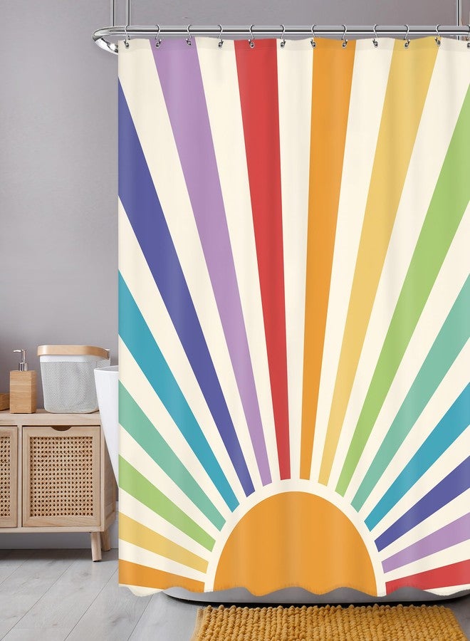 Newsely Boho Vintage Sun 70s Shower Curtain 60Wx72H Inch Retro Rainbow Cute Sunshine Sunrise Sunset Colorful Abstract Shower Curtain Set Aesthetic Waterproof Bath Decoration Accessories Home Decor - Image 1