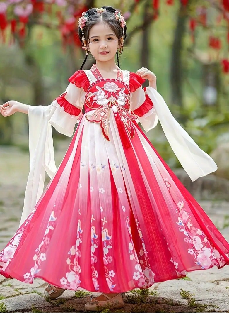 ارواق فستان شبكي أنيق للفتيات على الطراز الصيني الجديد بأكمام طويلة وطبقات مكشكشة وزهور مطرزة لملابس الربيع والصيف على طراز الشارع - Image 1