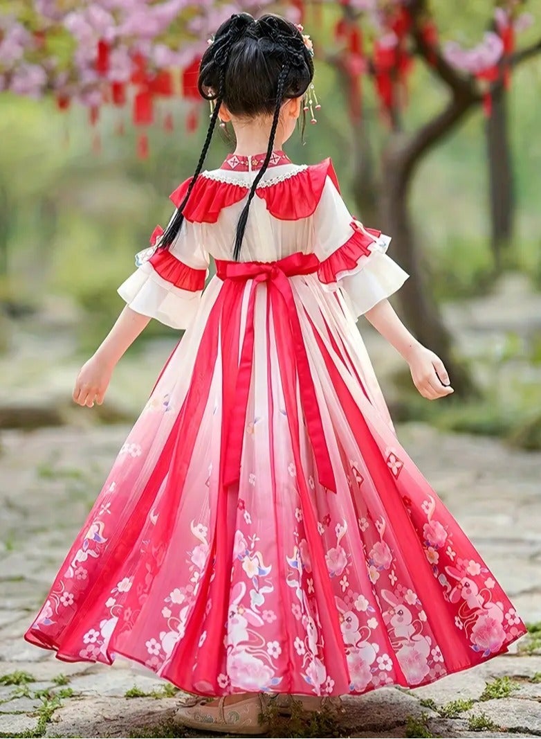 ارواق فستان شبكي أنيق للفتيات على الطراز الصيني الجديد بأكمام طويلة وطبقات مكشكشة وزهور مطرزة لملابس الربيع والصيف على طراز الشارع - Image 2