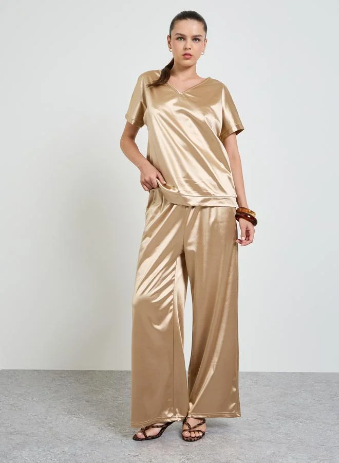 Take Two Gold Solid V-Neck Top and Trousers Stain Co-ord Set