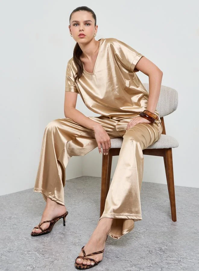 Take Two Gold Solid V-Neck Top and Trousers Stain Co-ord Set