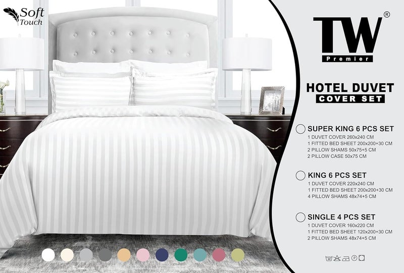 تي دبليو بريمير مجموعة غطاء لحاف فندقي مخطط 240x260 سم مقاس كينج 6 قطع، 1 غطاء لحاف 260x240 سم (بدون حشوة)، 1 ملاءة مطاطية 200x200+30 سم، 2 كيس وسادة 50x75+5 سم، 2 كيس وسادة 50x75 سم (أزرق داكن) - Image 5