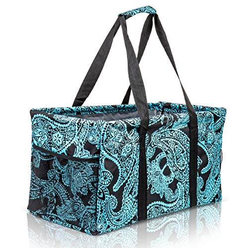 Lucazzi Extra Large Utility Tote Bag - Oversized Collapsible Reusable Wire Frame Rectangular Canvas Basket With Two Exterior Pockets For Beach, Pool, Laundry, Car Trunk, Storage - Paisley Blue - Image 1