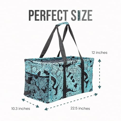 Lucazzi Extra Large Utility Tote Bag - Oversized Collapsible Reusable Wire Frame Rectangular Canvas Basket With Two Exterior Pockets For Beach, Pool, Laundry, Car Trunk, Storage - Paisley Blue - Image 4