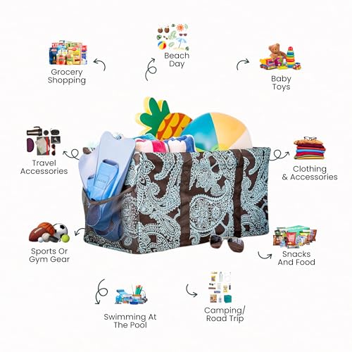 Lucazzi Extra Large Utility Tote Bag - Oversized Collapsible Reusable Wire Frame Rectangular Canvas Basket With Two Exterior Pockets For Beach, Pool, Laundry, Car Trunk, Storage - Paisley Blue - Image 3