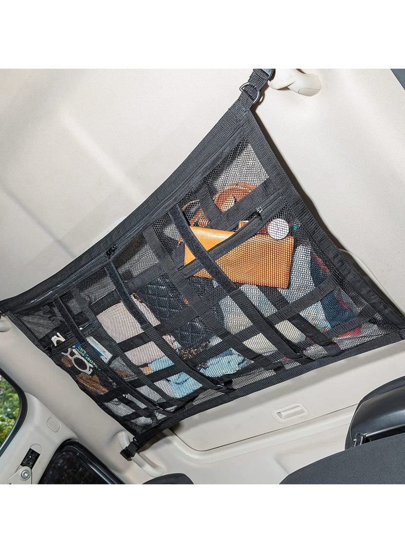 Car Ceiling Cargo Net Pocket Storage Net 29.5x19.7 Adjustable D-Buckle to Reduce Sagging Car Roof Storage Organizer Double-Layer Mesh Road Trip Camping and Overlanding Gear - Image 1