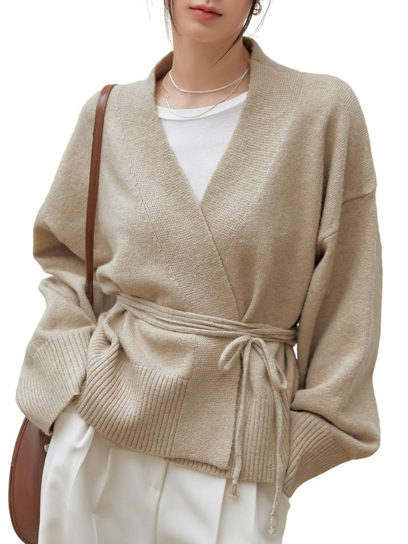 WDIRARA Women's Wrap V Neck Long Sleeve Tie Front Belted Cardigan Casual Sweater Apricot L - Image 1