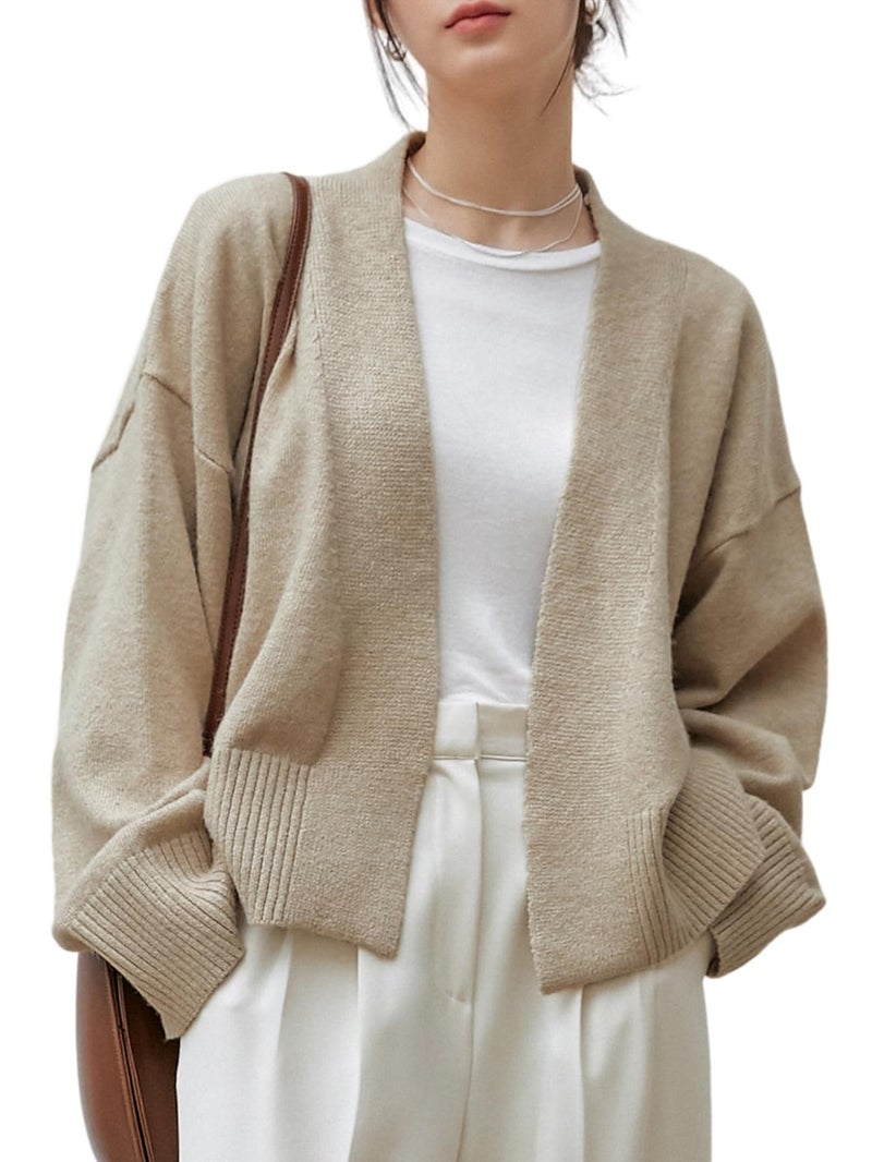 WDIRARA Women's Wrap V Neck Long Sleeve Tie Front Belted Cardigan Casual Sweater Apricot L - Image 2