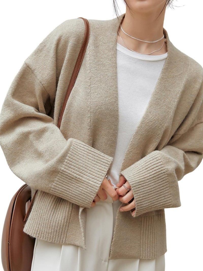 WDIRARA Women's Wrap V Neck Long Sleeve Tie Front Belted Cardigan Casual Sweater Apricot L - Image 4