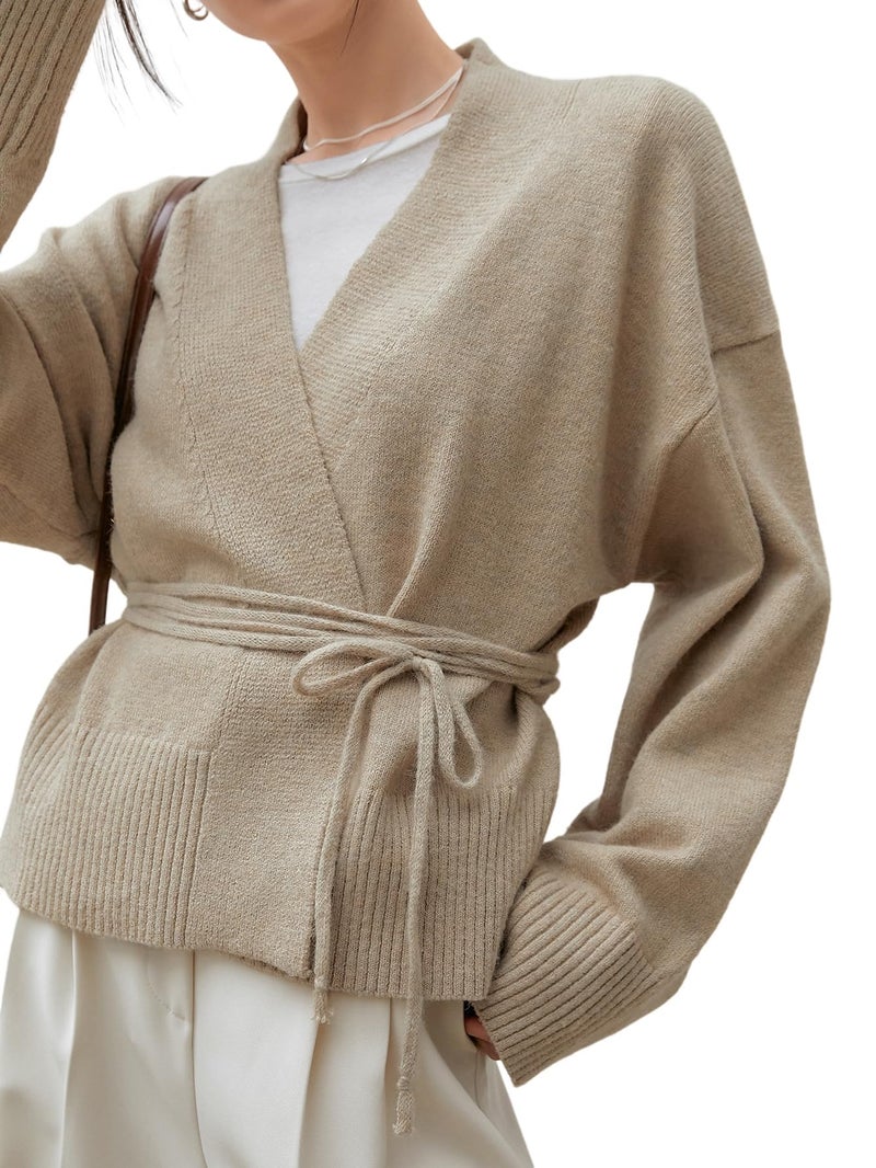 WDIRARA Women's Wrap V Neck Long Sleeve Tie Front Belted Cardigan Casual Sweater Apricot L - Image 3