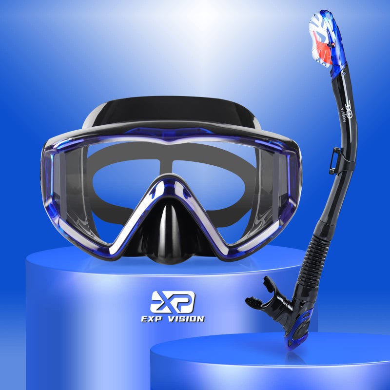 EXP VISION Snorkel Set Pano 3 Window Adult Snorkeling Gear, Professional Anti-Fog Snorkel Diving Mask, Anti-Leak Swim Goggles and Dry Top Snorkel for Scuba Diving, Snorkeling, Swimming (Blue) - Image 1