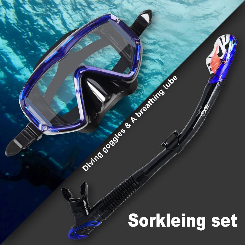 EXP VISION Snorkel Set Pano 3 Window Adult Snorkeling Gear, Professional Anti-Fog Snorkel Diving Mask, Anti-Leak Swim Goggles and Dry Top Snorkel for Scuba Diving, Snorkeling, Swimming (Blue) - Image 4