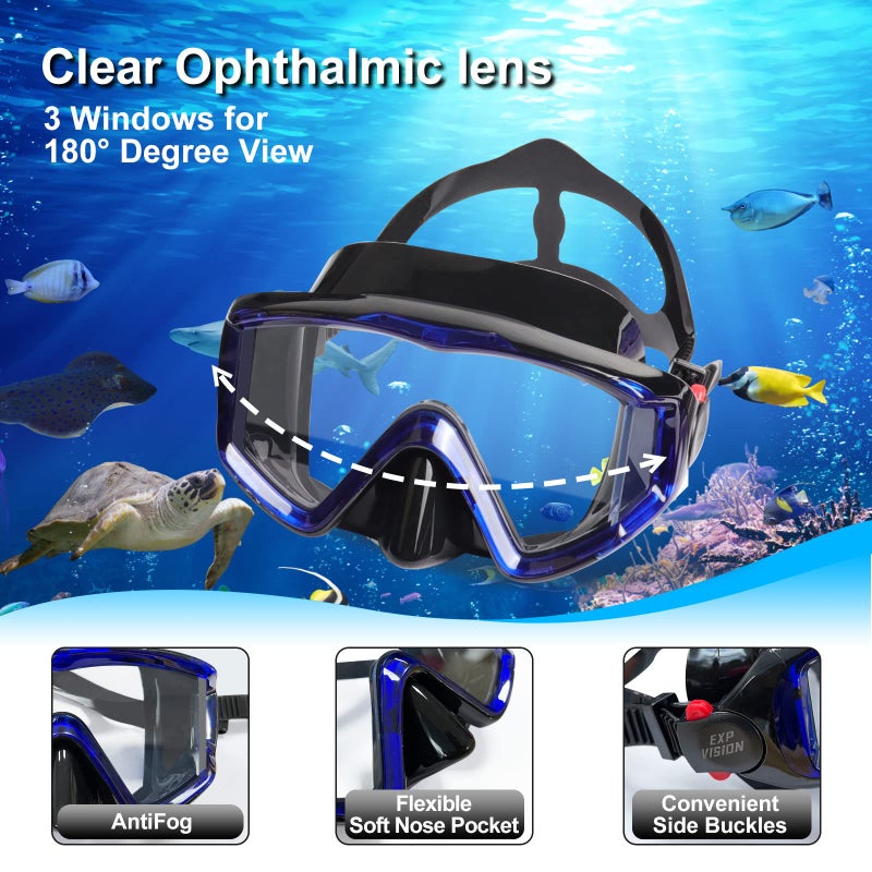 EXP VISION Snorkel Set Pano 3 Window Adult Snorkeling Gear, Professional Anti-Fog Snorkel Diving Mask, Anti-Leak Swim Goggles and Dry Top Snorkel for Scuba Diving, Snorkeling, Swimming (Blue) - Image 2