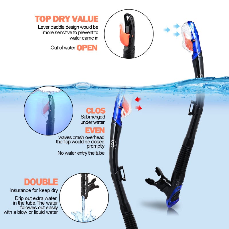 EXP VISION Snorkel Set Pano 3 Window Adult Snorkeling Gear, Professional Anti-Fog Snorkel Diving Mask, Anti-Leak Swim Goggles and Dry Top Snorkel for Scuba Diving, Snorkeling, Swimming (Blue) - Image 3