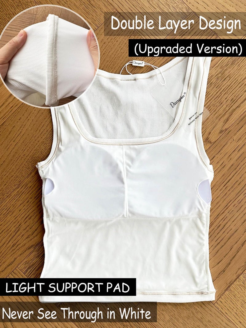 Danysu Women Cotton Rib Tank Top with Built in Bra Square Neck Crop Tank Fitted Basic Tops Angel White M - Image 5