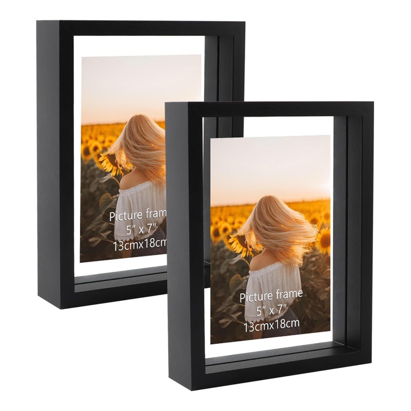 WIFTREY 2 Pack 5x7 Black Floating Picture Frames Double Glass Side Floating Photo Frame Displays Photo up to 7x9 for Table Top Wall Hanging