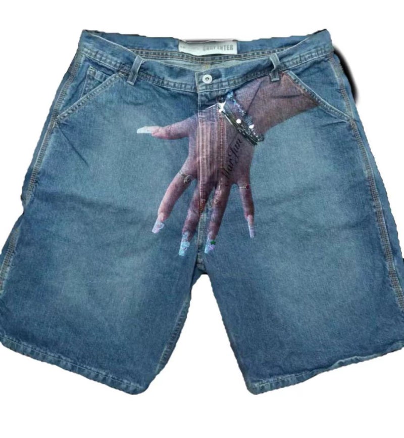 Cross-border Summer New European and American Hip-hop Funny One-hand Pattern Printed Denim Shorts Mens High Street Fashion Casual D30 Light Blue 