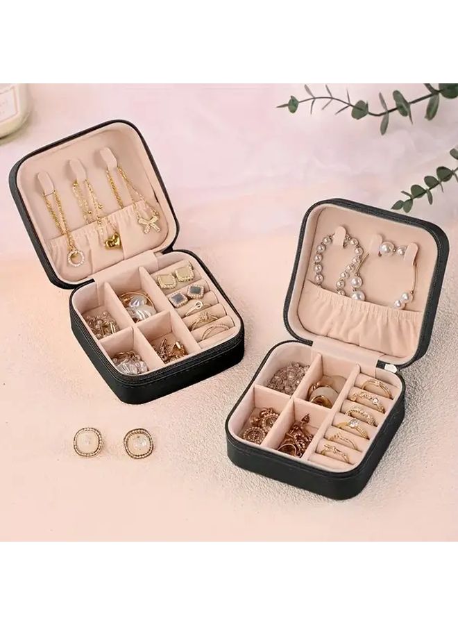 Black Jewelry Box Organizer With Zipper Portable Storage For Earrings Necklaces Rings - Image 2