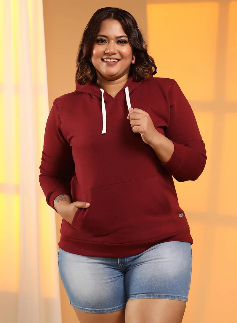 Instafab Plus Women's Wine Red Solid Pullover Hoodie