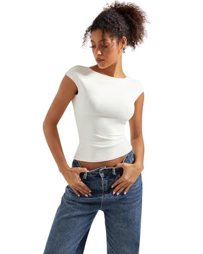 SUUKSESS Women Backless Sexy Going Out Crop Tops Double Lined Open Back Y2k Basic Tee Shirts (Pearl, M) - Image 2