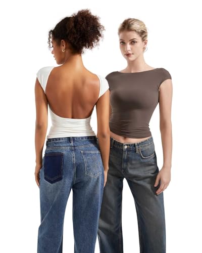 SUUKSESS Women Backless Sexy Going Out Crop Tops Double Lined Open Back Y2k Basic Tee Shirts (Pearl, M) - Image 3