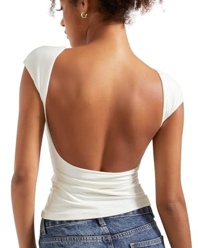 SUUKSESS Women Backless Sexy Going Out Crop Tops Double Lined Open Back Y2k Basic Tee Shirts (Pearl, M) - Image 1