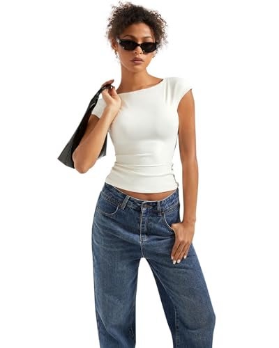 SUUKSESS Women Backless Sexy Going Out Crop Tops Double Lined Open Back Y2k Basic Tee Shirts (Pearl, M) - Image 4