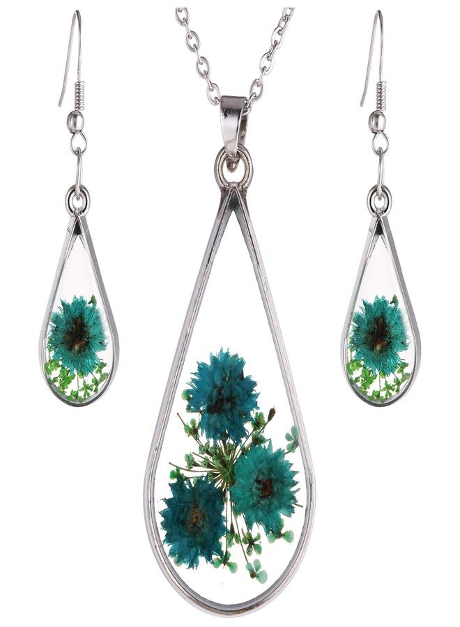 FM FM42 Turquoise Pressed Flowers Teardrop Drop Dangle Earrings Pendant Necklace Jewelry Set FS1003 - Image 1