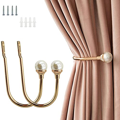 Coolnice 2 Pack Curtain Holdbacks Wall Mounted Curtain Tiebacks Hooks Plastic Pearl U Shape Curtain Tiebacks with Screws Curtain Ties for Home Office-Gold - Image 1