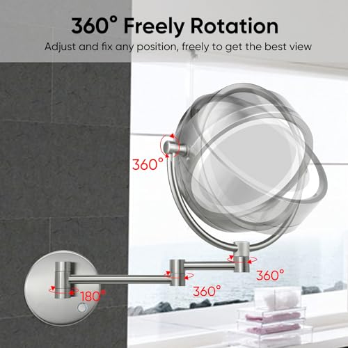 GURUN Wall Mounted Hardwired Makeup Mirror with 3 Dimmable LED Lights 10x Magnifying Mirror for Bathroom Touch Control 13" Extendable Arm Direct Wire Brushed Nickel M1809DN (10x,Nickel) - Image 5