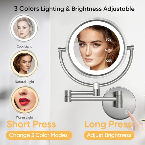 GURUN Wall Mounted Hardwired Makeup Mirror with 3 Dimmable LED Lights 10x Magnifying Mirror for Bathroom Touch Control 13" Extendable Arm Direct Wire Brushed Nickel M1809DN (10x,Nickel) - Image 2