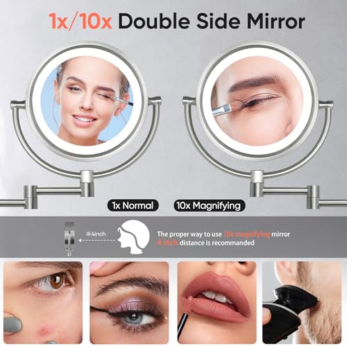 GURUN Wall Mounted Hardwired Makeup Mirror with 3 Dimmable LED Lights 10x Magnifying Mirror for Bathroom Touch Control 13" Extendable Arm Direct Wire Brushed Nickel M1809DN (10x,Nickel) - Image 3
