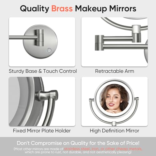 GURUN Wall Mounted Hardwired Makeup Mirror with 3 Dimmable LED Lights 10x Magnifying Mirror for Bathroom Touch Control 13" Extendable Arm Direct Wire Brushed Nickel M1809DN (10x,Nickel) - Image 4