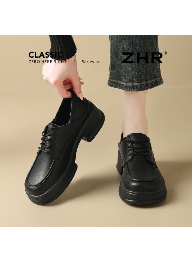 Zhr Zese Women's Spring Autumn Thick Sole Chunky High Heel Small Leather Shoes British Style Commuter Loafers Qe26 Black Size 38 - Image 1