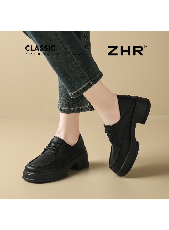 Zhr Zese Women's Spring Autumn Thick Sole Chunky High Heel Small Leather Shoes British Style Commuter Loafers Qe26 Black Size 38 - Image 2