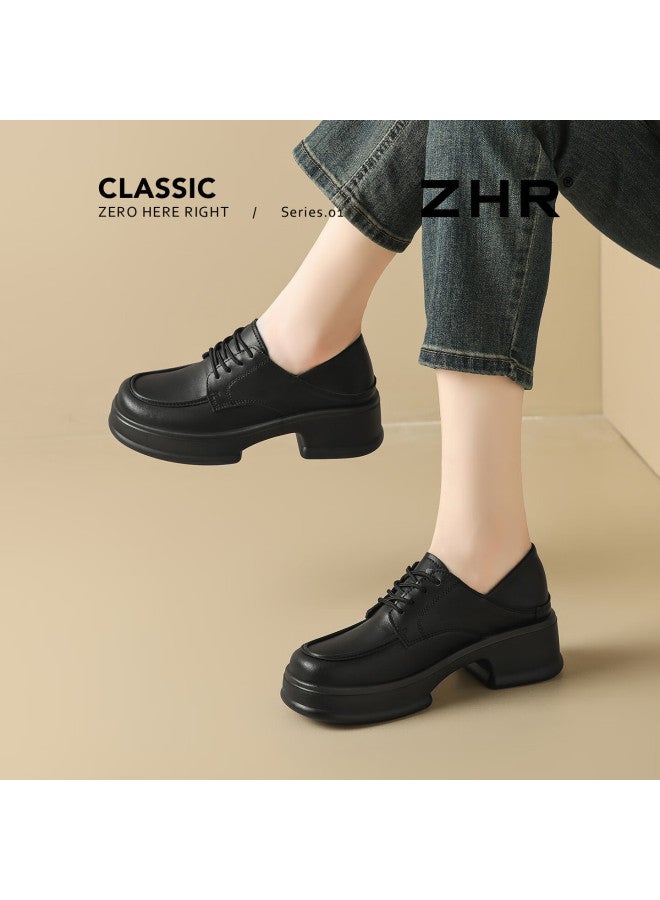 Zhr Zese Women's Spring Autumn Thick Sole Chunky High Heel Small Leather Shoes British Style Commuter Loafers Qe26 Black Size 38 - Image 3