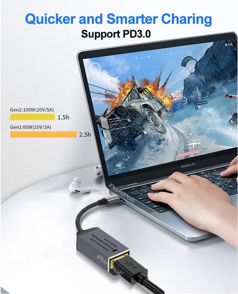 PLUSPOE USB C to Slim Tip Adapter, 100W PD3.0 Fast Charging for Convert Square Charger to Type-C Power for Lenovo Thinkpad MacBook Chromebook, Nintendo Switch, and Any USB C Devices, Input 15-20VDC - Image 3