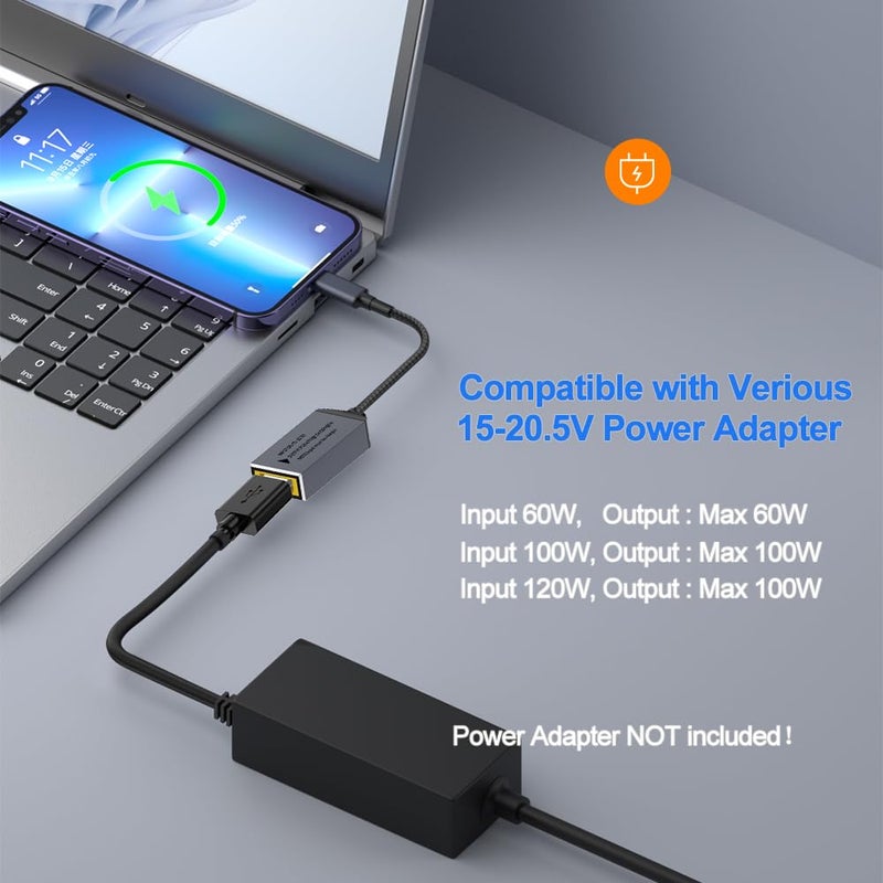 PLUSPOE USB C to Slim Tip Adapter, 100W PD3.0 Fast Charging for Convert Square Charger to Type-C Power for Lenovo Thinkpad MacBook Chromebook, Nintendo Switch, and Any USB C Devices, Input 15-20VDC - Image 4