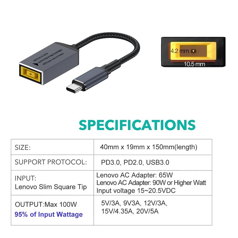 PLUSPOE USB C to Slim Tip Adapter, 100W PD3.0 Fast Charging for Convert Square Charger to Type-C Power for Lenovo Thinkpad MacBook Chromebook, Nintendo Switch, and Any USB C Devices, Input 15-20VDC - Image 2