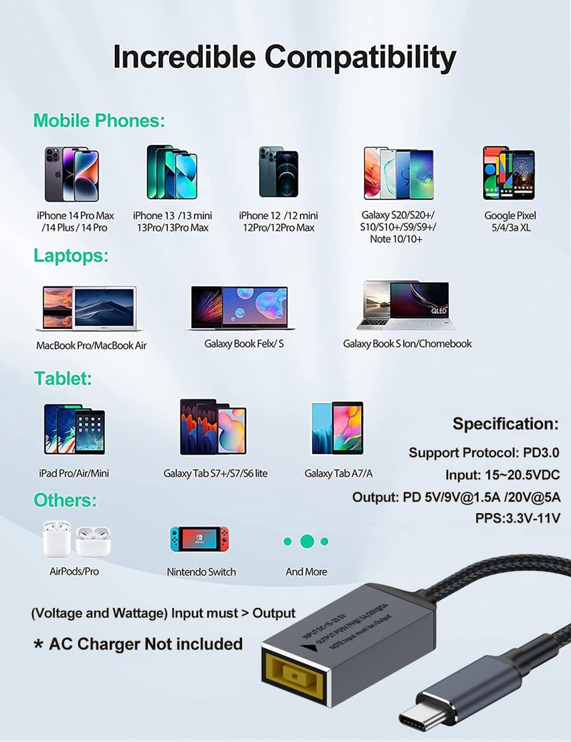 PLUSPOE USB C to Slim Tip Adapter, 100W PD3.0 Fast Charging for Convert Square Charger to Type-C Power for Lenovo Thinkpad MacBook Chromebook, Nintendo Switch, and Any USB C Devices, Input 15-20VDC - Image 5