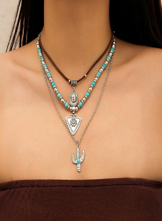 CSIYANJRY99 Layered Western Necklaces for Women Vintage Turquoise Beaded Western Jewelry for Women Ox-head Cactus Cross Chain Necklaces Country Concert Cowgirl Dresses Accessories (07) - Image 3