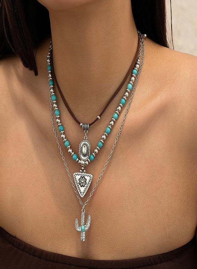 CSIYANJRY99 Layered Western Necklaces for Women Vintage Turquoise Beaded Western Jewelry for Women Ox-head Cactus Cross Chain Necklaces Country Concert Cowgirl Dresses Accessories (07) - Image 2